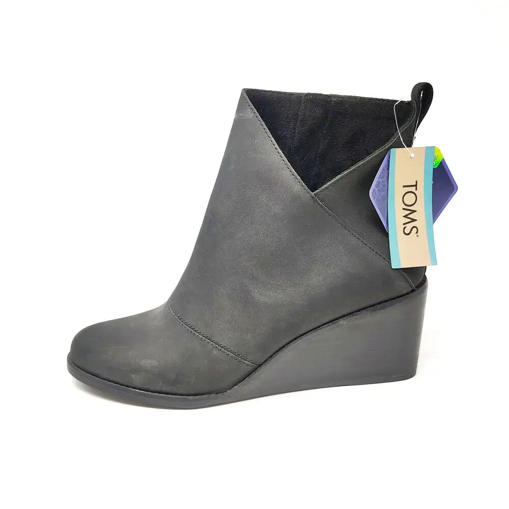 New Toms Shoes Womens 10 Boots Sutton Black Leather Wedge Zip Grunge Goth Emo
